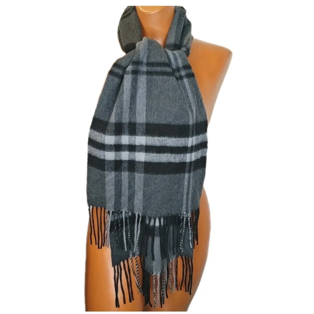 Enzo Montovani Fringed Cashmere Wool Men Long Neck Scarf Gray Windowpane Plaid
